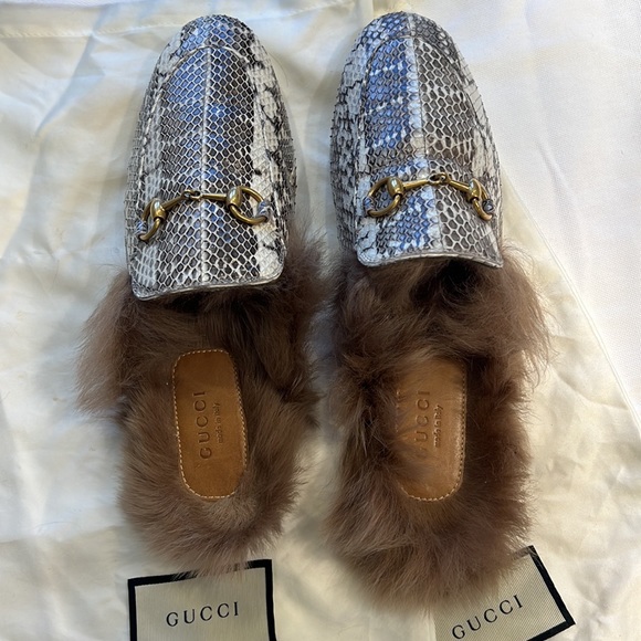 GUCCI Python Snakeskin & Lamb Wool Fur Slip on Princetown - Picture 6 of 13
